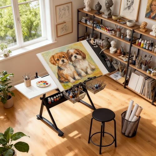 Magshion Drafting Table for Adults w/Stool, White - color: White & Black