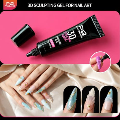 FANDAMEI Nail Art Kit, 3D Sculpting Gel for Nail Art with 6 PCS Nail Art Brushes, Gold Silver White Nail Chrome Powder&3D Nail Charms for Bedazzling, nail supplies Kit for 3D Nail Art Nail Designs