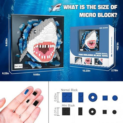 3D Shark Animal Wall Art Micro Mini Building Blocks Set for Adults, No Compatible with Lego, Unique Table Display & Home Wall Decor, Creative Toy Gift for Chritsmas Birthday (2166 PCS) - style: Shark