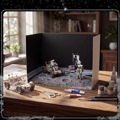 AmazingSpark 2 Set Moon Landing Themed Diorama Box and Lunar Surface Texture Decor, Moon Diorama Project Supplies Set, Cardboard Display Case Kit & Sticker with Double Sided Tapes for DIY Crafts - style: Moon Landing