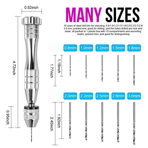 LEOBRO Hand Drill, Steel Pin Vise with 10 PCS Small Drill Bits (0.8 mm-3 mm), for Resin, Wood, Clay, DIY Crafts Keychains Jewelry Making - color: A-silver