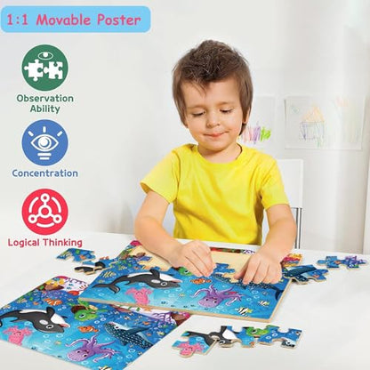Puzzles for Kids Ages 4-8, Wooden Jigsaw Puzzles 48 & 60 Pieces, 6 Pack