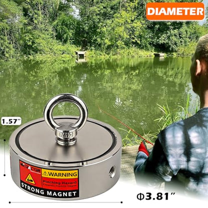 MUTUACTOR Fishing Magnet Kit Heavy Duty,Super Strong 2000lbs Double Sided Neodymium Magnet,Φ3.81”Permanent Rare Earth Magnets Fishing with 65FT Rope Gloves for Hunting Retrieval Underwater Searching - style: 2000lb Magnet(Double Sided) with Box--Φ 3.81"