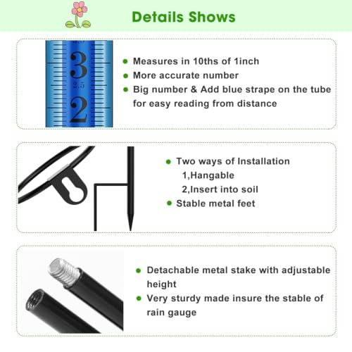 FINEST+ Upgraded Rain Gauge, 7" Freeze Proof Rain Gauge Outdoor Best Rated, Large Clear Numbers and Adjustable Height Rain Measuring Tool for Garden, Lawn and Farm