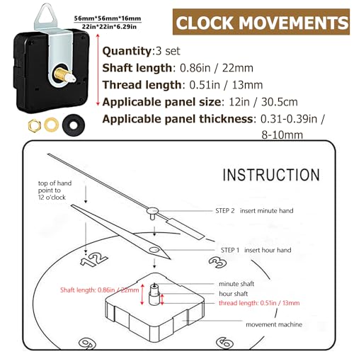 3 Sets 0.86in Shaft Clock Movement Mechanism with Hands and Numerals, CNYMANY Clock Repair Parts Replacement High Torque Long Shaft Clock Movement with 3 Pairs Hands & 1 Roman Numeral Scale - color: Shaft Clock Movement Mechanism + Hands + Numerals