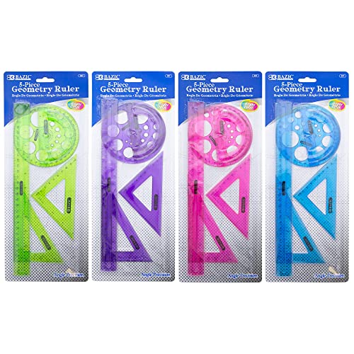 BAZIC Products 5-Piece Geometry Set, Ruler, Triangles, Protractor, 24-Box - size: 24-Pack