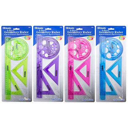 BAZIC Products 5-Piece Geometry Set, Ruler, Triangles, Protractor, 24-Box - size: 24-Pack