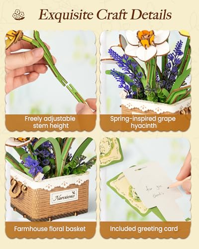 Rolife 3D Flower Wooden Puzzles-Daffodils Narcissus, DIY Flowers Model Kit Building Set Crafts for Adults, Botanical Collection Ideal Creative Birthday Gift, Artificial Flowerpot for Decor and Display