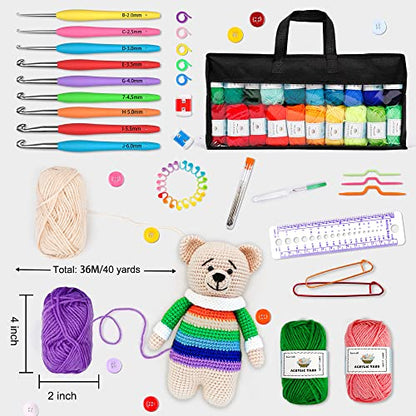 INSCRAFT 113 Piece Crochet Kit with Yarn Set– 1600 Yards Assorted Yarn for Knitting and Crochet, 73PCS Crochet Accessories Set Including Ergonomic Hooks, Knitting Needles & More Ideal Beginner Kit - size: 113 Piece Crochet Kit