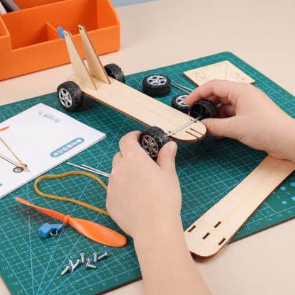 Garneck 1Set Wooden Wind Powered Car Kit Handcraft Puzzle Science Experiment for Rubber Band Power Model Stem Educational Tool