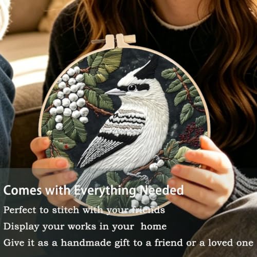 FONNUY Wild Birds Embroidery Kit, Pre-Stamped Green Tree Bird Patterns Kits for Adults and Beginners, Handmade DIY Crafts Set, Color Thread Needlework, 8'' Hoop (Smart Parrot) - color: Smart Parrot