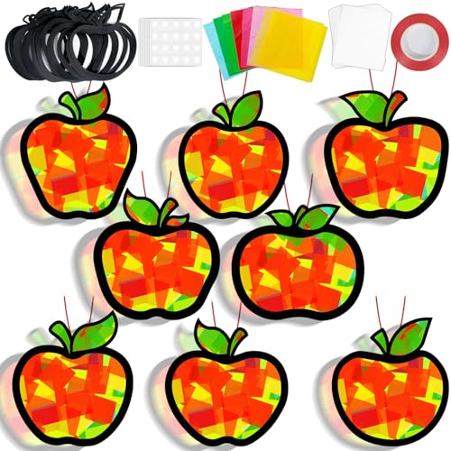 QOUBAI 32 Sets Apple Suncatchers Craft Kit DIY Window Stained Glass Effect Fall Apples Paper Craft for Home School Classroom Decor Kid Birthday Gifts Creative Art Projects Activity Game - style: Apple