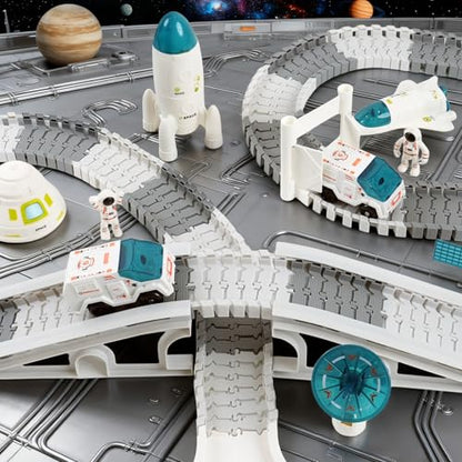 GIAT Race Car Tracks Set - Birthday Gift for 3 4 5 6 7 Year Old Boys, 290+ PCS Flexible Train Track Kit for Kids, Interactive Toy with Cars and Rocket - color: White Space Race Track Set