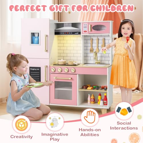 Costzon Kids Kitchen Playset, Wooden Pretend Play Kitchen with BBQ Grill, Ice Maker, Range Hood, Blackboard & Cooking Accessories, Toy Kitchen Set with Lights & Sounds, Gift for Toddlers Ages 3+ - color: Pink