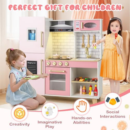 Costzon Kids Kitchen Playset, Wooden Pretend Play Kitchen with BBQ Grill, Ice Maker, Range Hood, Blackboard & Cooking Accessories, Toy Kitchen Set with Lights & Sounds, Gift for Toddlers Ages 3+ - color: Pink