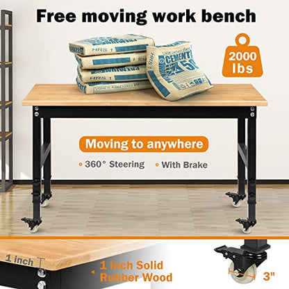 Betterhood 48" Heavy-Duty Adjustable Workbench for Garage, Rubber Wood Shop Table W/Metal Wheels, Hardwood Workstation Weight Capacity Over 2000 Lbs with Wheels - size: Metal Wheels / 48"x23.6"x39"