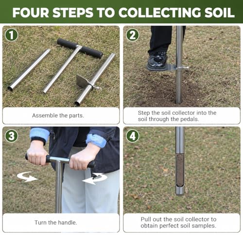 36" Soil Sampler Probe,Stainless Steel Soil Sampler Tool,Soil Core Sample Bags Soil Probe Tester, T-Handle Soil Test Kit Soil Probe with Foot Pedal for Soil Sampling Garden Lawn Farm