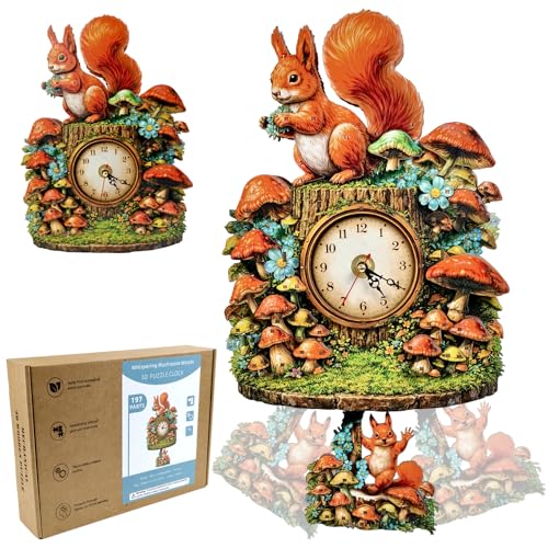 3D Wooden Puzzle Squirrel Clock Mechanical DIY Model Kit with Pendulum Forest Animal Gear Desk Clock Mushroom Decor Challenging Craft Gift for Adults Men Women