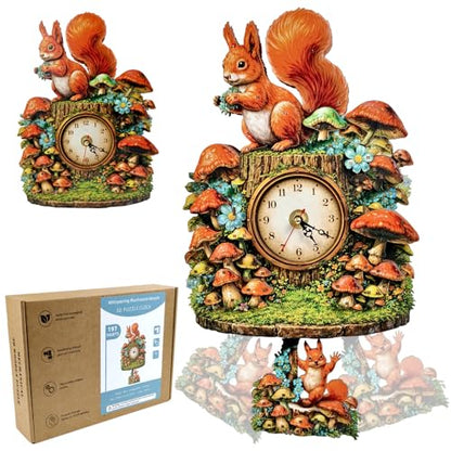 3D Wooden Puzzle Squirrel Clock Mechanical DIY Model Kit with Pendulum Forest Animal Gear Desk Clock Mushroom Decor Challenging Craft Gift for Adults Men Women