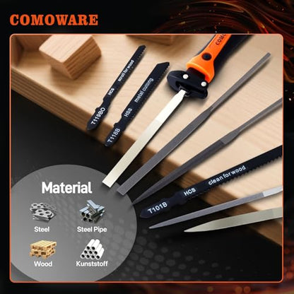 COMOWARE Small File Set, Gift for Dad, 12-Piece Metal Needle File Set with 3 Handsaw Blades, Quick Change Mechanism Handle, Flat, Half-Round, Round & Triangle Files, Portable Case for Woodworking DIY