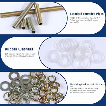 Antique Brass Lamp Repair Hardware Kit - 5 Sizes, 60 Pieces, Includes Pipe Nipples, Lock Nuts, Washers, Perfect for Lamp Assembly & DIY - color: Antique Brass