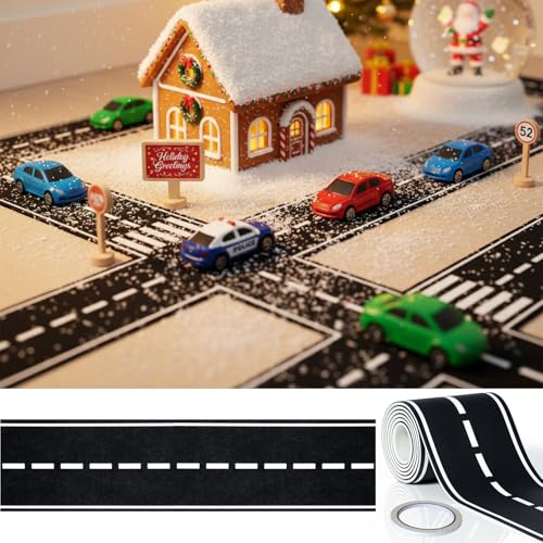 6 Pcs Christmas Race Party Decorations 39"x4" Racetrack Felt Roadway Mat for Cars with Double-Sided Tape, Christmas Village Road for Wall Floor Decoration, Car Themed Birthday Decor - style: Curved