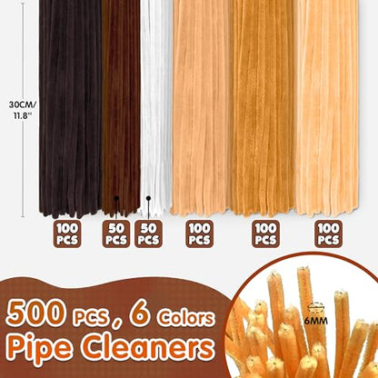 LINAYE 500 PCS Pipe Cleaners Craft, 6 Colors Pipe Cleaners Flowers Kit, Chenille Stems for Crafts with Instruction Wrapping Paper, Flower Stamens, Stems Art and Craft Supplies Brown - color: Brown