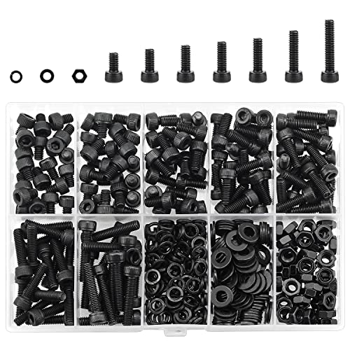 HELIFOUNER 380 Pieces M4 x 5mm /6mm /8mm /10mm /12mm /16mm /20mm, Hex Socket Head Cap Screws Bolts Washers Nuts Kit, 12.9 Grade Alloy Steel, Full Threaded, Black - size: M4, style: Socket Head