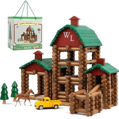 Wondertoys 330 Pcs Wooden Log Set Real Wood Logs Classic Building Log Ages 3+ Best Retro Building Gift Set for Boys Creative Construction Engineering Educational Gifts - style: 330PCS Villas