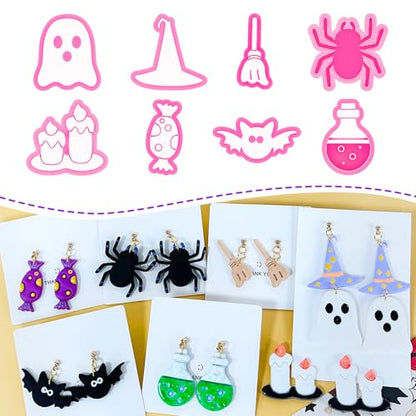 Xaekicr Halloween Polymer Clay Cutters Set – 8Pcs Halloween Clay Earring Cutters with Ghost, Witch Hat, Bat, Spider – Polymer Clay Molds & Clay Tools for DIY Jewelry - color: 2B color