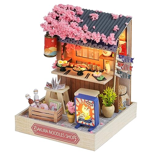 Kisoy Dollhouse Miniature with Furniture Kit, DIY 3D Wooden DIY House Kit with Dust Cover, Handmade Tiny House Toys for Teens Adults Gift (Sakura Noodles Shop) - color: Sakura Noodles Shop