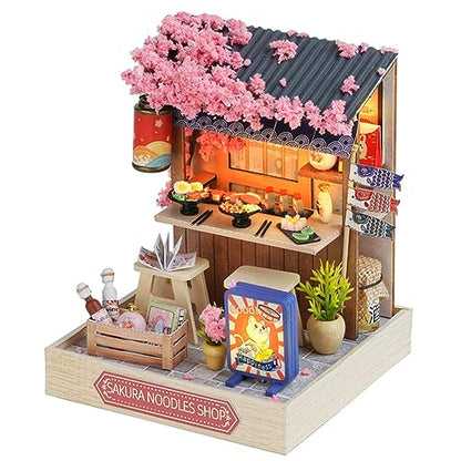 Kisoy Dollhouse Miniature with Furniture Kit, DIY 3D Wooden DIY House Kit with Dust Cover, Handmade Tiny House Toys for Teens Adults Gift (Sakura Noodles Shop) - color: Sakura Noodles Shop
