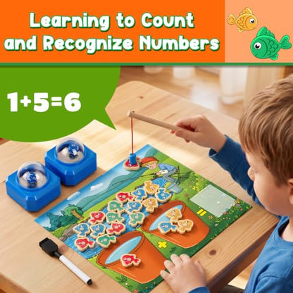 Magnetic Fishing Math Game for Kids 3-5, Montessori Counting Toy with Dice Poppers, Preschool Math Manipulatives Board Game, Addition and Subtraction Dice Game for Homeschool Classroom - style: Blue