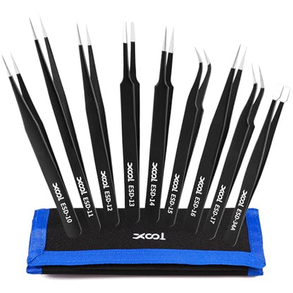 XOOL 9 PCS ESD Precision Tweezers Set, Anti-Static Stainless Steel Tweezers Kit for Electronics, Soldering, Craft, Jewelry, Model Building - size: ESD Tweezers 9 PCS