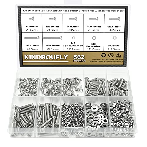 562 Pieces M3 x 4/6 /8/10 /12/16 /20mm Phillips Countersunk Head Machine Screws Nuts Washers Assortment Kit, 304 Stainless Steel, Fully Machine Thread - size: M3, style: Phillips Countersunk Head