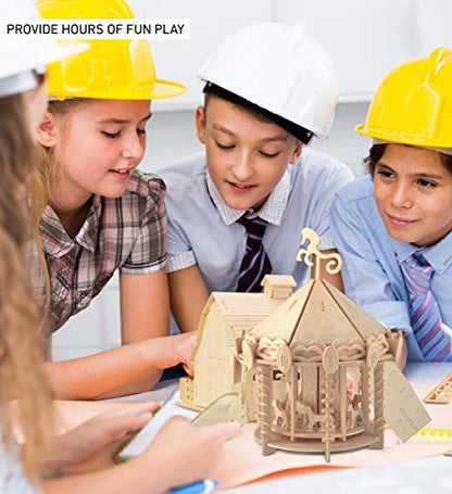 Puzzled 3D Puzzle Carousel Set Wood Craft Construction Model Kit, Fun & Educational DIY Wooden Toy Assemble Model Unfinished Crafting Hobby Puzzle to Build and Paint for Decoration 148 Pieces Pack