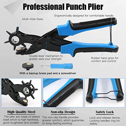 Glarks Adjustable Leather Hole Punch Pliers with Single Cap Leather Rivets Set Free Scissor & Ruler & Awl Tool for Belt, Watch Bands, Saddle, Shoes - style: Hole Punch Plier with Leather Rivets