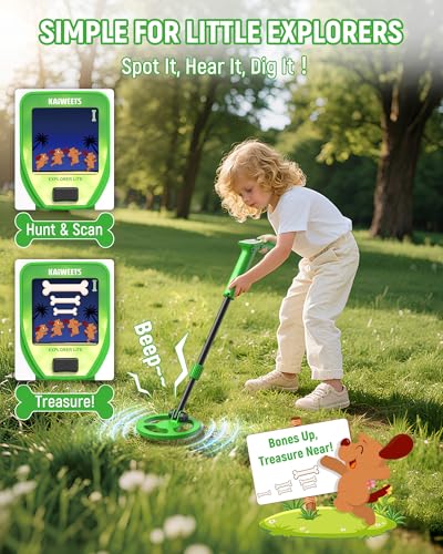 KAIWEETS Kids Metal Detector, 2026 New Animated Color Screen, Adjustable Stem, Lightweight, Treasure Hunt Gift, Complete Starter Kit with Backpack, Bonus Coins, Shovel, Rake (Explorer LITE)