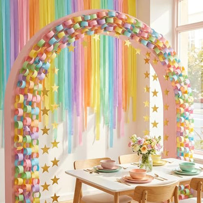 1000 Sheet Macaron Paper Chain Strips and 65 ft Gold Star Garland Set - color: Macaron-1000Pc