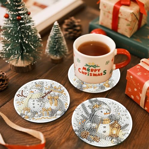 Xylogist 8 Pcs Christmas Snowman Diamond Art Coasters with Holder Cork Pads - color: Christmas Snowman B Coasters