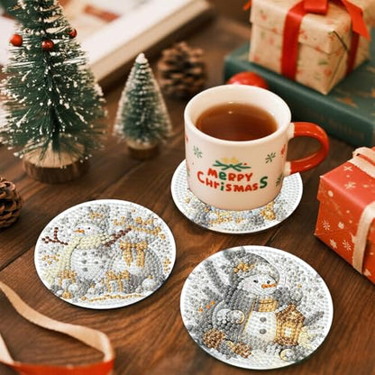 Xylogist 8 Pcs Christmas Snowman Diamond Art Coasters with Holder Cork Pads - color: Christmas Snowman B Coasters