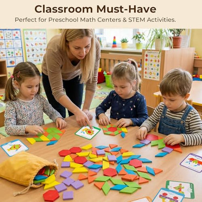 LovesTown 245 PCS Wooden Pattern Blocks Bundle, Geometric Shape Puzzles with Activity Cards for Kids, Montessori Educational Tangram Set with Storage Bag and Tin Box for Preschool Learning