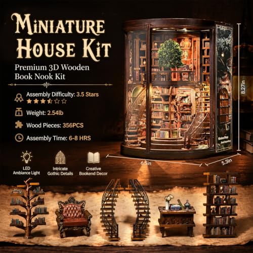 Book Nook Kit for Bookshelf —Tree of Wisdom Library 3D Wooden Puzzle, DIY Miniature Dollhouse with LED Lights, Fantasy Book Shelf Insert Decor (Tree of Wisdom Library) - color: Tree of Wisdom Library