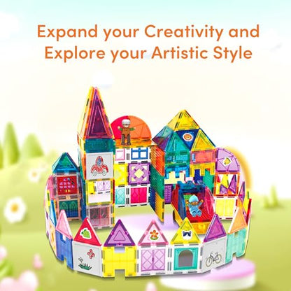 PicassoTiles Mega Magnetic Building Block 350 Piece Set Magnet Tile Construction Blocks with Car Base, Character Figures, Markers, Whiteboard, 110+ Page Ideabook Included for Ages 3 Up STEM Learning - color: 350 Pcs With Car and Figures