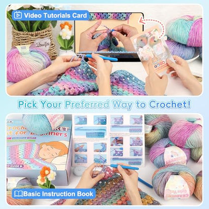 Aeelike Crochet Blanket Kit for Beginners, Easy Blanket Crochet Kits, Blue - color: Gift Box-Aurora Blue Gradient