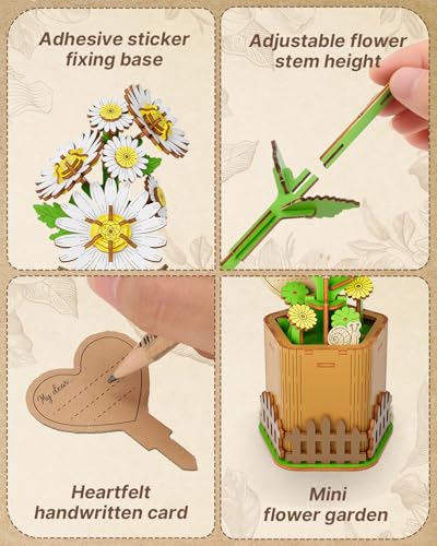 Kaayee 3D Wooden Flower Puzzles Daisy, Wood Flowers Craft for Adults - color: Daisy