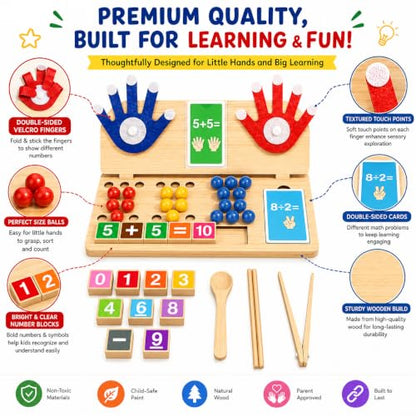 Montessori Math Learning Toy for Kids 3-7 – Wooden Counting Board with Beads, Number Blocks & Cards – Preschool STEM Educational Toy for Addition, Subtraction, Sorting & Fine Motor Skills