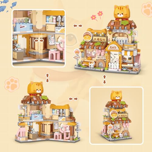 Street View Cute Cat Shop Mini Building Blocks, MOC Creative Building Toys Cute Animals Building Set for Girls 6-12, Simulation Architecture Construction Toy, Gift Idea for Kids Adults (917 PCS) - style: Cat Shop