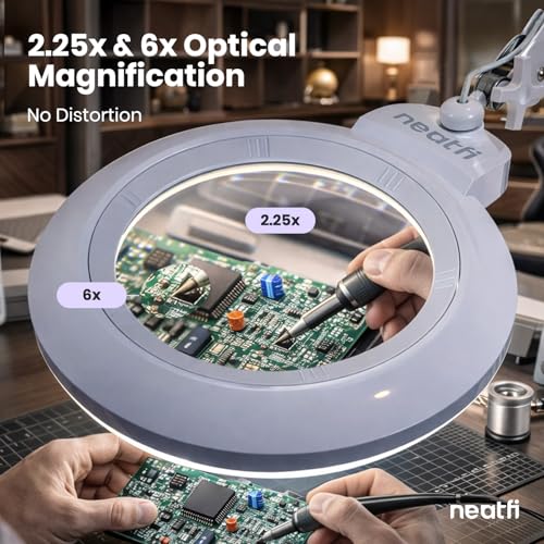 Neatfi XL LED Magnifying Lamp, Hands-Free, Dimmable, Crafts, Reading, Close Work (White, Non-CCT with Base) - color: White, size: 7-inch Lens, Non-CCT with Base