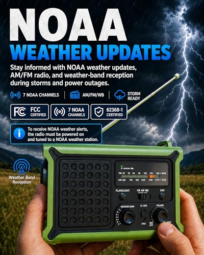 Emergency Weather Radio, 12000mAh Solar Hand Crank NOAA Radio, Army Green - color: ARMY GREEN